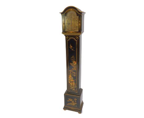 An Asprey of London black japanned lacquer grandmother clock, brass break arch dial with engraved foliate decoration, chapter