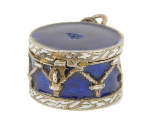 A late 19th or early 20thC silver blue and white enamel pill box charm in the form of a drum, possibly Russian and bearing in