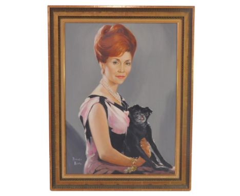 Brenda Burke (British, 20thC). Half length portrait of a lady holding a black Pug dog, oil on canvas, signed, 81cm x 59cm.