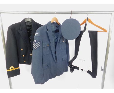 An RAF Flight Sergeant's Mess undress jacket, RAF peak cap,  Royal Naval Sub Lieutenant Mess Dress jacket, a white waistcoat 