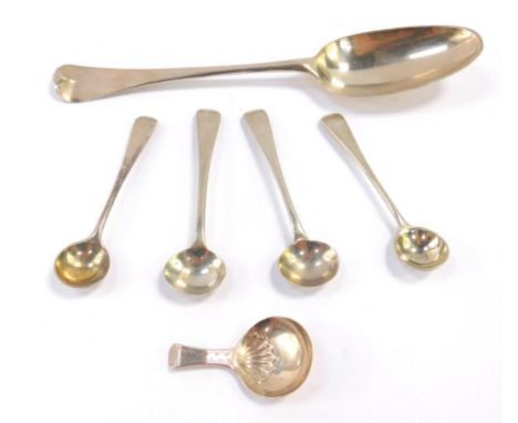 A George II silver dessert spoon, initial engraved, Richard Gosling, London 1750, George III silver caddy spoon with engraved