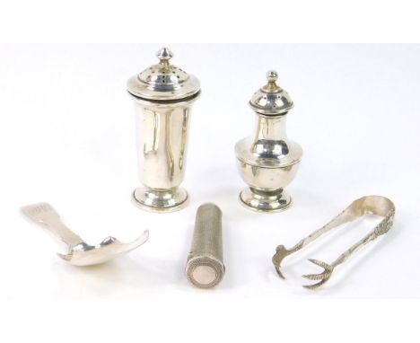 A Victorian silver caddy spoon, monogram engraved, George Unite, Birmingham 1841, an Edward VII cigarette case with engine tu