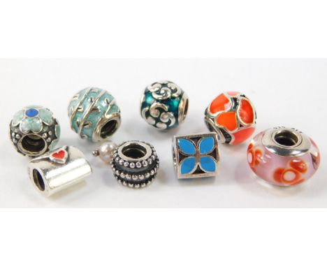 Eight Pandora silver and glass or enamel links.