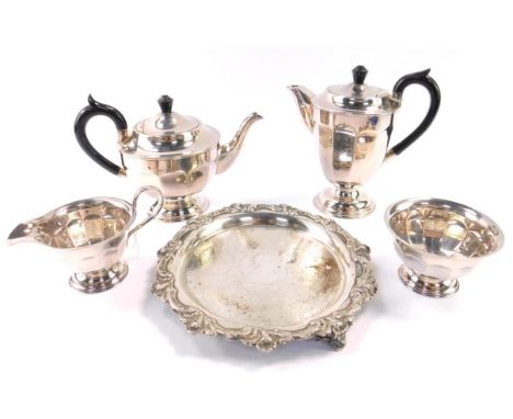 A Viners silver plated four piece tea set, comprising teapot, hot water jug, and sugar bowl, together with a plated salver wi