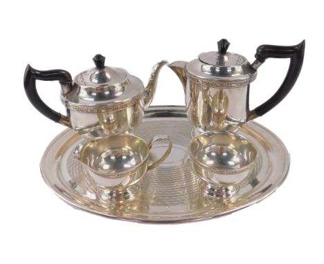 A Viners silver plated four piece tea set, comprising teapot, hot water jug, cream jug and sugar bowl, together with a plated