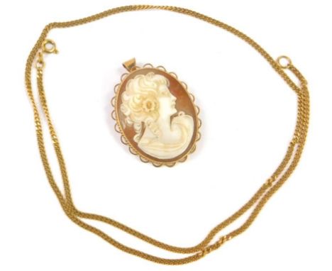 A 9ct gold and shell cameo pendant brooch, bust portrait of a lady, 9.3g, together with a 9ct gold curb link neck chain, 7.7g