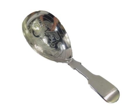A Victorian silver caddy spoon, with engraved floral decoration, James Beebe, London 1840, 0.40oz.