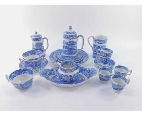 A group of Copeland Spode pottery transfer decorated in the Italian pattern, including two graduated covered hot water jugs, 