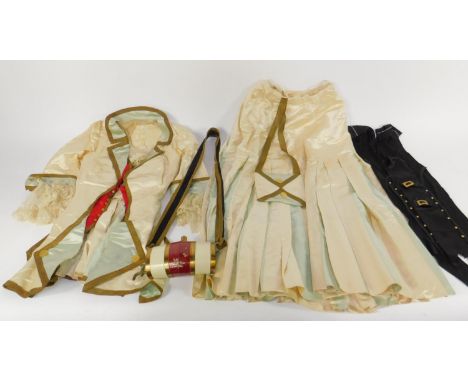 A Georgian style cream and turquoise silk lady's costume, early 20thC, comprising skirt with wallet bag, jacket with lace tri