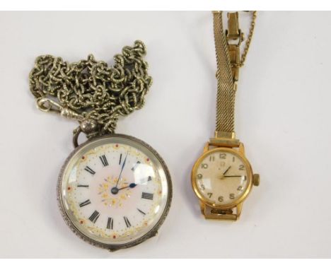 An Omega lady's 9ct gold cased wristwatch, circular dial bearing Arabic numerals, on a plated strap, together with a Continen