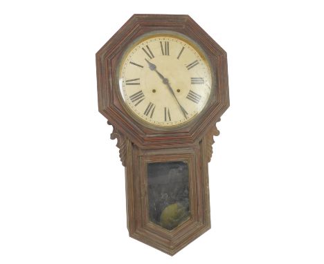 An Ansonia Clock Company octagonal oak cased drop dial wall clock, circular tin dial, bearing Roman numerals, eight day movem