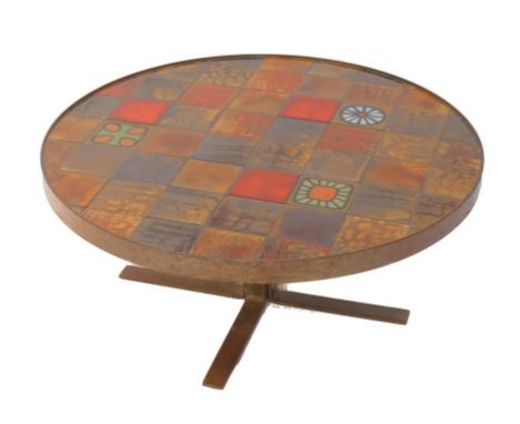 A 1970's cast metal and tile inset circular occasional table, 34.5cm H, 76.5cm diameter. 