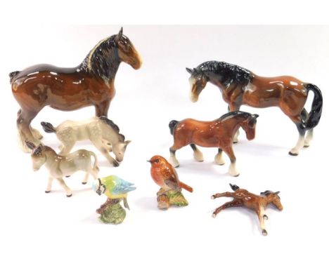 A Beswick brown gloss figure of a shire horse pony, robin and blue tit, and further animal figures. (8).