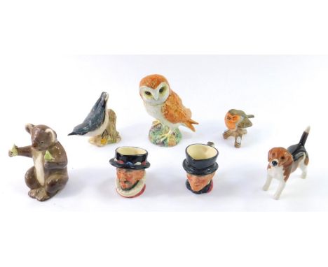 A Beswick figure of a beagle, Champion Wendover Billy, koala bear, nuthatch, barn owl, two Royal Doulton character jugs model