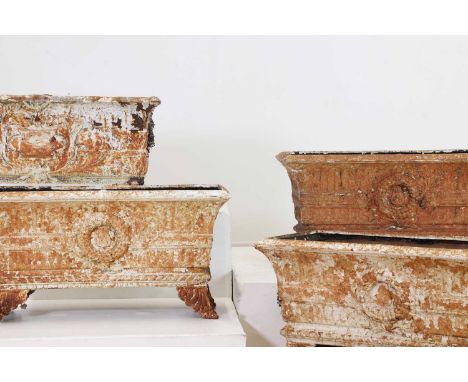 A set of six Victorian painted cast iron trough planters,second half of the 19th century, each of rectangular form with relie