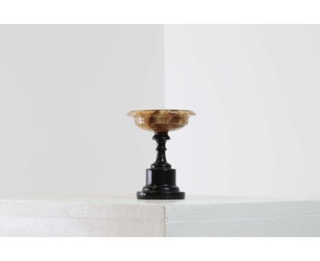 A Derbyshire fluorspar pedestal dish or tazza,19th century, Crich, the tazza with an everted rim and on a turned Ashford blac