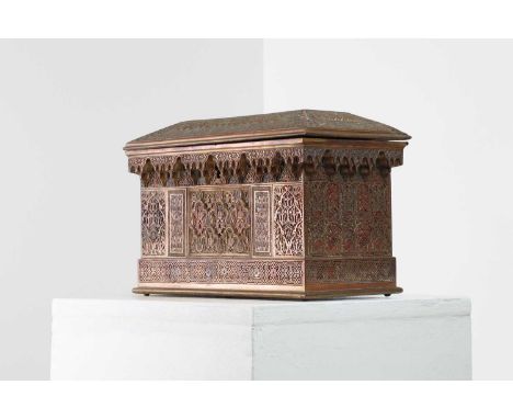 A copper, brass and enamel casket by Rafael Contreras,19th century, Spanish, with a muqarnas frieze, palmette motifs and geom