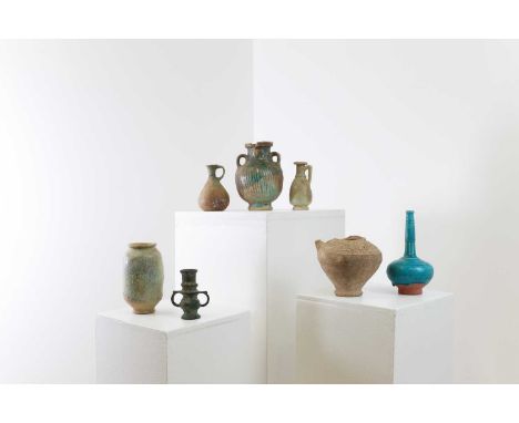 A group of seven pottery, glass and metalware items,comprising: a turquoise-glazed bottle vase with slender neck and squat gl