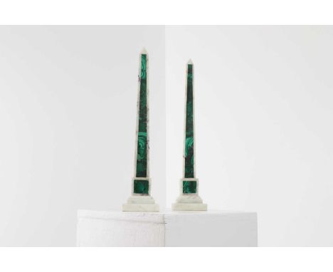 A pair of white marble and malachite obelisks,first half 20th century, possibly Carrara, each on a stepped and canted block p