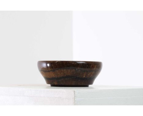 A Derbyshire Blue John bowl,19th century, possibly from the Old Tor vein, with an ogee-shaped body and a short foot,15cm diam