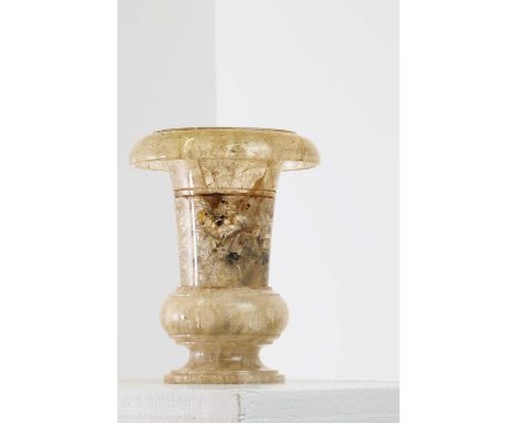 A fluorspar campana urn,19th century, Crich, Derbyshire, of tapering form with a rolled top and a bulbous base,14cm diameter1