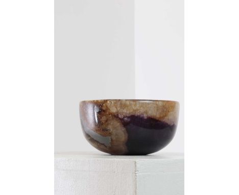 A Derbyshire Blue John bowl,probably late 19th/early 20th century, with bowed sides and a flat base, with some lead filling,1