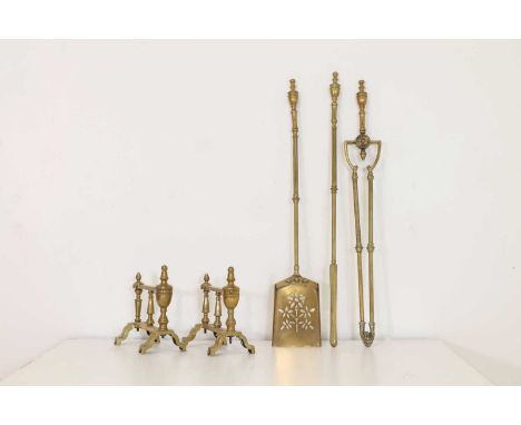 A set of brass fire tools,late 19th/early 20th century, comprising a shovel, poker, tongs, and a pair of andirons,tools 73cm 
