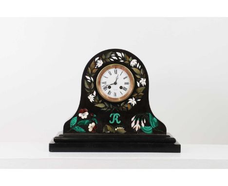 An Ashford black marble mantel clock,19th century, inlaid in various hardstones with pansies, lily of the valley, fuchsia and