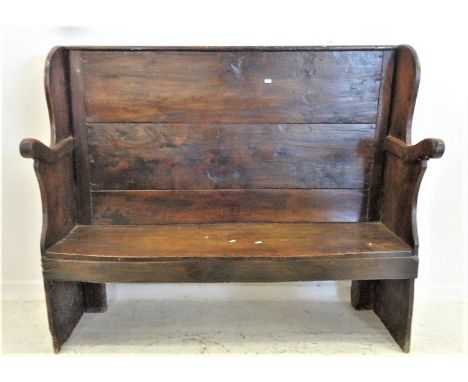 Antique Oak Hall Bench with slab ends &amp; seat, high back
