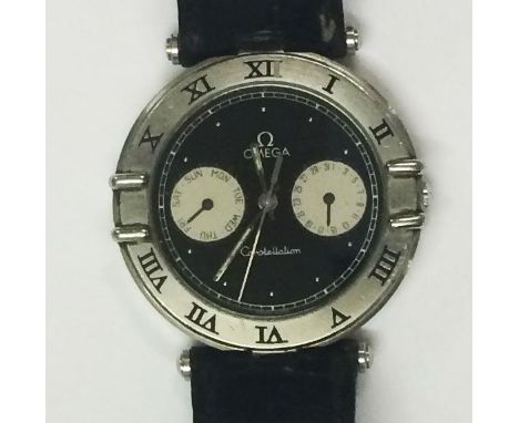 Omega Constellation Quartz Wristwatch 1444, outer bezel with Roman numerals, sweep second hand, day & date dials, stainless s