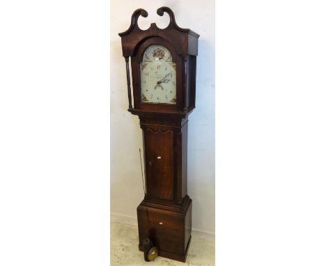 C18th Oak Longcase 30 Hour Clock with serpentine fronted door with axe handles, herringbone inlaid frieze, hood with broken a