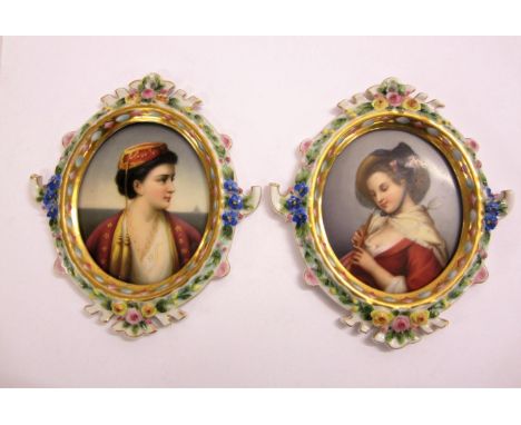 Pair Porcelain Oval Miniatures Young Lady wearing national? dress & Young Lady wearing a bonnet & red dress with penny whistl