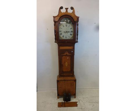 Late C18th/Early C19th Yorkshire Oak Longcase Clock with mahogany banding, door with conch shell inlay, broken arch pediment,