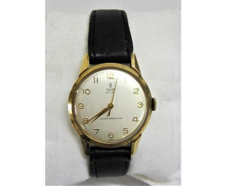 Gents 9ct Gold Tudor Royale Wristwatch with sweep second hand, Arabic numerals, silvered dial, on leather strap 