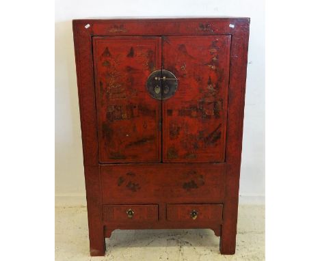 Coral Red Lacquered Chinoiserie Decorated Marriage Cabinet, upper section with 2 doors enclosing fitted shelf &amp; central d