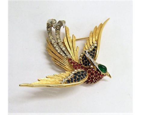 1960s Marcel Boucher Bird Brooch 7867P, gold plated set Ruby & Sapphire Rhinestone 