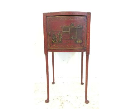 Unusual Red Lacquered Bedside Cabinet decorated with figures &amp; buildings, top decorated with figures in garden &amp; pago