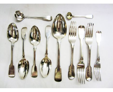 Georgian &amp; Later Silver Fiddle Pattern Flatware incl. serving spoon, 3 dining forks, 4 dessert spoons, 1 dessert fork, sm