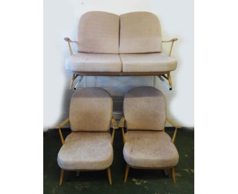 Ercol Cottage Suite: 2 seater sofa, pair matching armchairs with spindle draught backs (3)