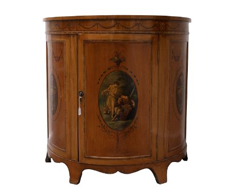 Early 20th Century Sheraton Revival Yew Wood demi lune cabinet with hand painted panels and door opening to reveal a fixed sh