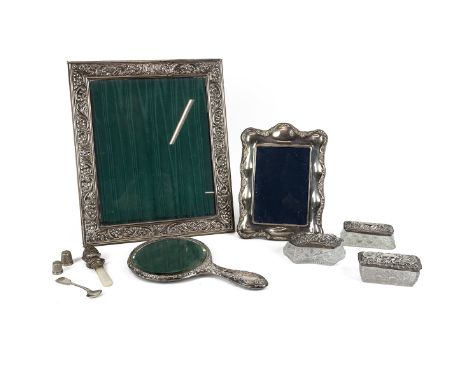 Collection of silver to include three early 20th Century cut glass dressing table boxes with hallmarked silver lids, mid 20th