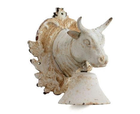 A vintage iron wall-mounted cowbell/door knocker, the oval back plate a scrolling leaf outline, 27cm high.&nbsp;