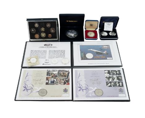 Silver coins - including a Westminster "Diamond wedding day" silver proof pair, silver 1977 jubilee crown, 1994 Barbados silv