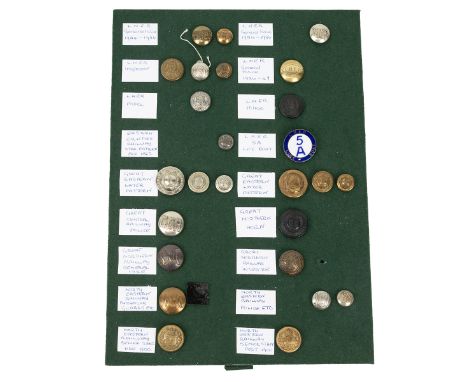 Quantity of LNER related buttons and badges including Great Northern Police horn button, LNER Lifeboat 5A enamel badge. (26)