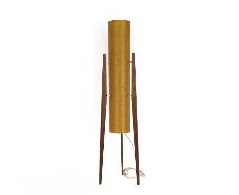 A Mid Century/vintage rocket lamp with a spur fibre shade and raised on teak tripod supports, 113cm high&nbsp;