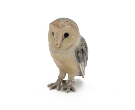 Saturno sterling silver and enamel Barn Owl. Hallmark to underside of tail. H 5.5cm.