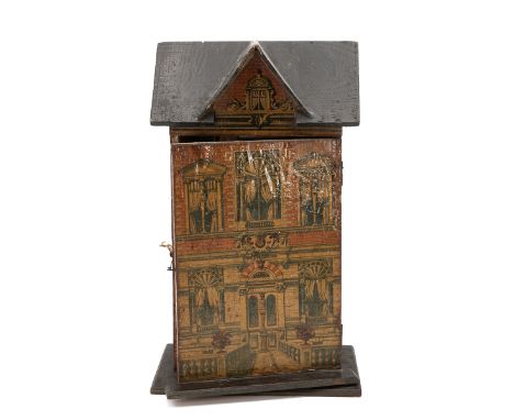 Small 19th Century Dolls House c1880s. Wooden construction with paper exterior depicting a Georgian town house. Inside fitted