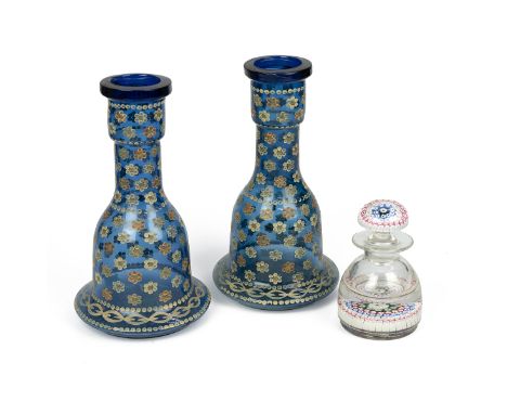 Pair of Bohemian Huqqa (or Hookah) bases in blue glass decorated with enamel flowers (height 27cm) and a Whitefriars style mi