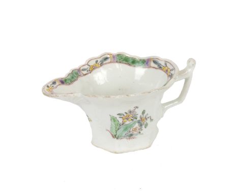 Worcester - First or Dr Wall Period hexagonal "Wigornia" form cream jug, circa 1760, with hand painted famille rose style spr