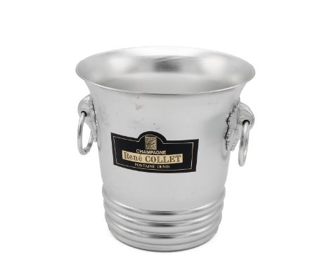 Rene Collet Champagne ice bucket in aluminium with two drop ring handles in vine and grape mounts. H 20.5cm, Diameter 20cm.